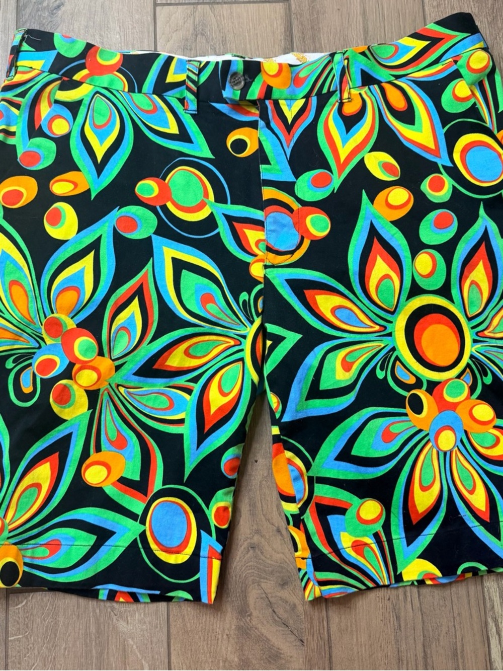 Loudmouth  Statement Black Shorts with Neon Rainbow Swirls